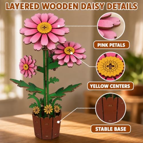 Evankin 3D Wooden Flower Daisy Puzzle Kit, DIY Bouquet Model - Image 4