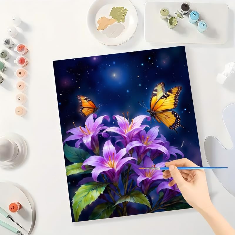Floral Fantasy Paint by Numbers Kit for Adults - DIY Monarch Butterflies on Lilies at Night Painting on Canvas 16x20 Inches, Acrylic Paint Set, Suitable for Beginners, for Home Decoration or Gifts - Image 3