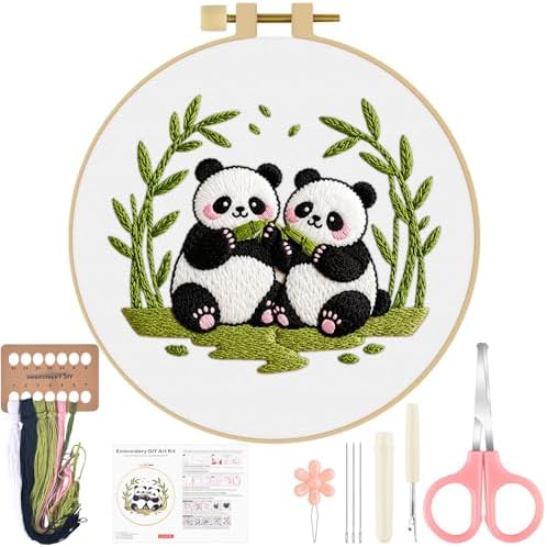 ERKOON Embroidery Kit for Beginners Adult, Cross Stitch Set Include Embroidery Cloth Hoop Threads for Craft Lover Hand Stitch with Embroidery Skill Techniques (Panda) by ERKOON