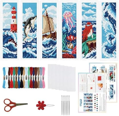 ORIGACH 6 Set Ocean Wave & Nautical Cross Stitch Bookmark Kit for Beginner by ORIGACH