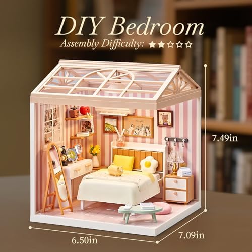 DIY Miniature Bedroom Kit, 82Pcs Cozy Dollhouse Room with LED Light - Image 2
