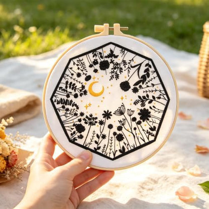 Mystical Embroidery Kits for Beginners Adults, Moon Wild Flowers Embroidery Starter Kit, Floral Stamped Cross Stitch Kits Needlepoint Kits for Beginners Adults, Embroidery Hoop, Thread, Video Tutorial - Image 4