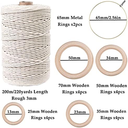 169pcs Macrame Kits for Beginners 3mm x 220yards Natural Cotton Macrame Cord Wall Hanging Kit, Best Macrame Supplies for Macrame Plant Hanger with Wooden Beads,Wooden Rings,Wooden Sticks,S Hooks - Image 2