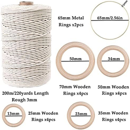 169pcs Macrame Kits for Beginners 3mm x 220yards Natural Cotton Macrame Cord Wall Hanging Kit, Best Macrame Supplies for Macrame Plant Hanger with Wooden Beads,Wooden Rings,Wooden Sticks,S Hooks - Image 2