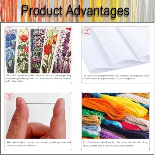 NEGEKFKX 6 Pcs Flowers Cross Stitch Bookmark Kit for Adult Beginners - Image 4