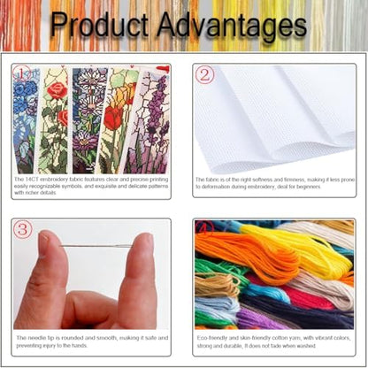 NEGEKFKX 6 Pcs Flowers Cross Stitch Bookmark Kit for Adult Beginners - Image 4