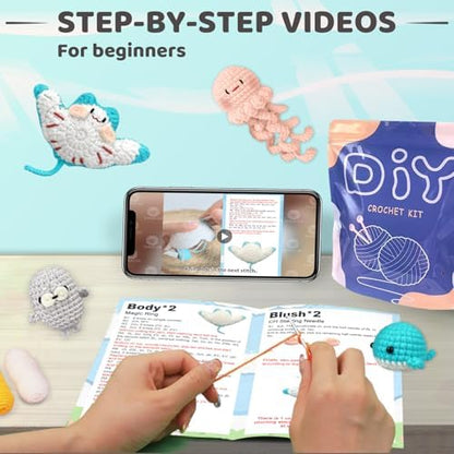 YAMAXIN Crochet Kit for Beginners – Ocean Animal Amigurumi DIY Yarn Kit with Step-by-Step Instructions, Tools & Soft Yarn – 4 Pack Crochet Kit Gift for Adults - Image 5