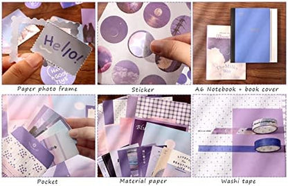 Draupnir Aesthetic Scrapbook Kit(348pcs), Bullet Junk Journal Kit with Journaling/Scrapbooking Supplies, Stationery,A6 Grid Notebook with Graph Ruled Pages DIY Scrapbook Gift for Girl Kid(Moonlight) - Image 4