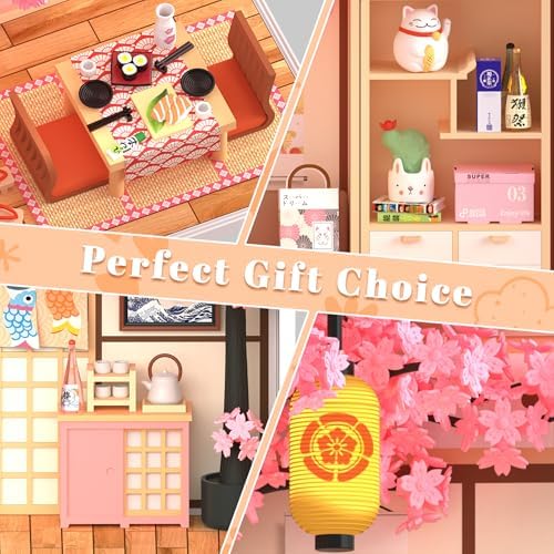 DIY Japanese Sakura Izakaya Miniature House Kit, LED Light Mini Dollhouse Kit for Adults and Teens, with Roof & Dust Covers, Tiny House Gifts for Kids and Adults - Image 4