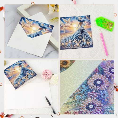 antor 6 Pcs 5D Diamond Painting Greeting Cards Kits, Elegant Lady DIY Diamond Art Cards with Envelopes, Handmade Rhinestone Greeting Card Set for Birthdays & Holidays - Image 4
