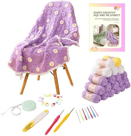 CSWCS Crochet Blanket Kit for Beginner, Purple Daisy Granny Square Throw Kit for Adults, Easy Learn How to Knitting with Yarn & Hook, Complete Starter Set with Step-by-Step Instructions (39'' x 31'') by Cswcs