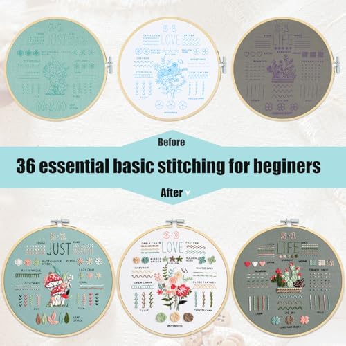 3 Sets Embroidery Kit for Beginners to Learn 36 Basic Embroidery Stitches Practice Kit,Hand Embroidery Cross Stitch Kits for Beginners with Embroidery Patterns, Hoop,Threads,Tools - Image 5