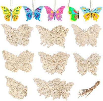 24PCS Wooden Crafts to Paint, Wooden Butterflies, Wooden Spring Ornaments to Paint, 8 Styles Unfinished Wood Crafts for Home Hanging Decorations, Crafts for Seniors, Butterfly Shape by WOLWEFA