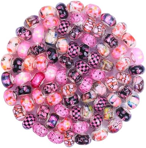 Aipridy Large Hole European Beads, Craft Supplies Kit，Assorted Mixed Color Lampwork Spacer Beads for DIY Bracelet Jewelry Making (100, Rose red) - Image 2