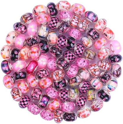 Aipridy Large Hole European Beads, Craft Supplies Kit，Assorted Mixed Color Lampwork Spacer Beads for DIY Bracelet Jewelry Making (100, Rose red) - Image 2