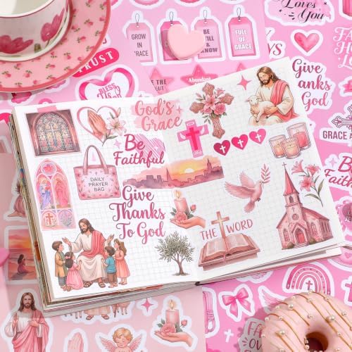 500+ Christian Scrapbook Sticker Book, Pink Bible Faith Inspirational Stickers for Scrapbooking, Art Journal Supplies for Adults Teens Women Girls Junk Journaling - Image 5