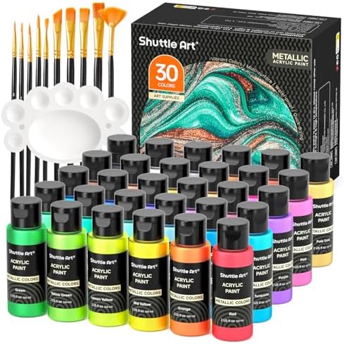 Shuttle Art 30 Colors Metallic Acrylic Paint, Artist Grade Metallic Paint in Bottles (60ml, 2oz), Rich Pigmented, High Viscosity, Non-Toxic for Artists, Beginners on Rocks Crafts Canvas Wood Fabric by ShuttleArt