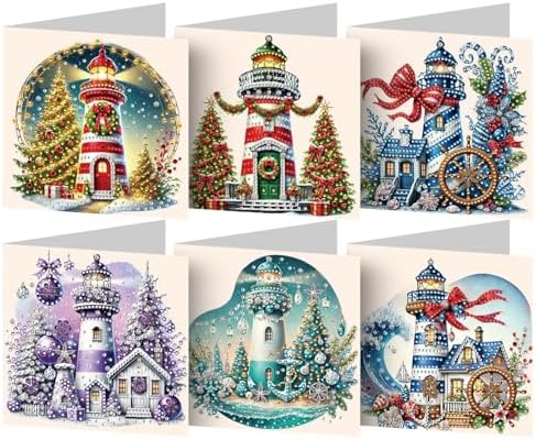 6PCS DIY Diamond Art Painting Greeting Card Set Xmas Lighthouse Rhinestone Diamond Art Mosaic Postcards for Xmas Birthdays Thanksgiving & Special Occasion by Unknown