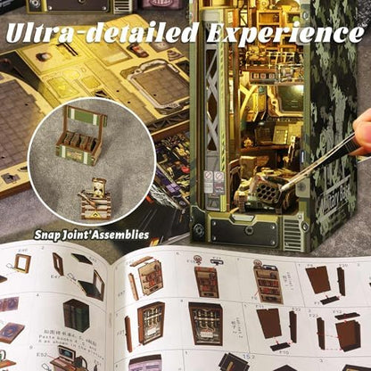 Flever Dollhouse DIY Book Nook Miniature Kit, DIY Booknook Bookshelf Insert Decor, 3D Wooden Booknook Miniature Kit for Creative Assembled Bookends (Military Base) - Image 4