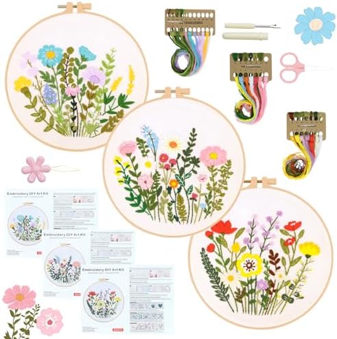 3 Pack Embroidery Kits for Beginners, Flower Pattern Kit for Adults Starter by RIHYTFU