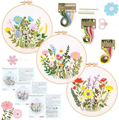 3 Pack Embroidery Kits for Beginners, Flower Pattern Kit for Adults Starter by RIHYTFU