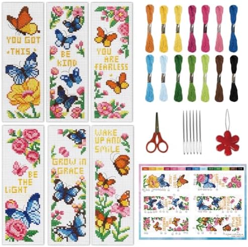 INFUNLY 6pcs Butterfly Quotes Cross Stitch Bookmark Kit DIY Embroidery Starter Set 3x8.5 Inch Cotton Linen Pre-Printed Fabric 14 Colors Floss Backing Felt Needles Threader Instructions for Book Lovers by INFUNLY