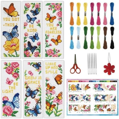 INFUNLY 6pcs Butterfly Quotes Cross Stitch Bookmark Kit DIY Embroidery Starter Set 3x8.5 Inch Cotton Linen Pre-Printed Fabric 14 Colors Floss Backing Felt Needles Threader Instructions for Book Lovers by INFUNLY