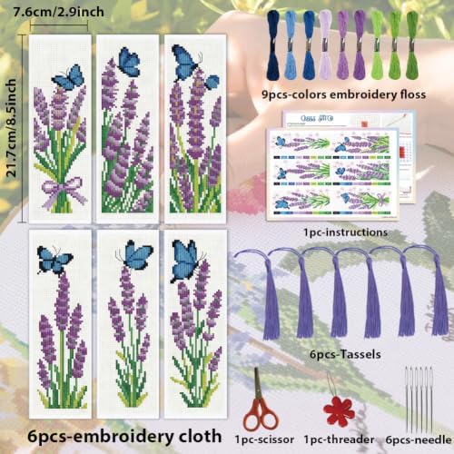 ACRNIGHEET 6PCS Cross Stitch Bookmark Kit for Beginner Stamped Cross Stitch Kits for Adults Lavender DIY Tassel Embroidery Bookmark Kits Needlepoint Kit with Instructions Craft Gift 8.5''x3'' 11CT - Image 2