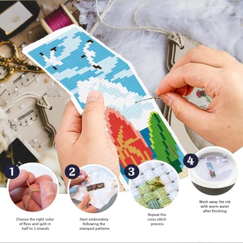 INFUNLY 6 Pack Cross Stitch Bookmark Kit Beach Scenery Stamped Pre-Printed Embroidery Bookmarks for Adults 8.5" x 3" DIY Set with Instructions, Craft Gift for Book Lovers Writers - Image 3
