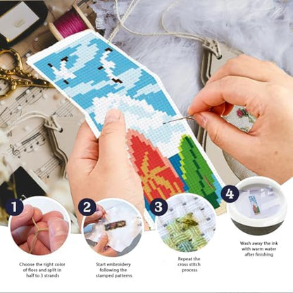 INFUNLY 6 Pack Cross Stitch Bookmark Kit Beach Scenery Stamped Pre-Printed Embroidery Bookmarks for Adults 8.5" x 3" DIY Set with Instructions, Craft Gift for Book Lovers Writers - Image 3