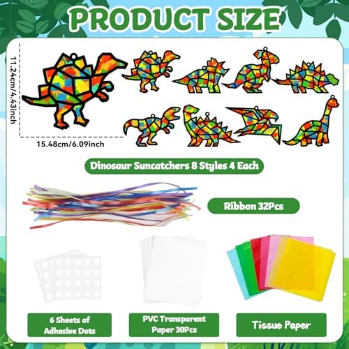 Lonfliness 32Sets Dinosaur Suncatchers Crafts Kit DIY Dino Window Stained Glass Effect Paper Dinosaur Animal Home School Classroom Decoration Art Craft Creative Activity Project Kid Gift Favor - Image 2