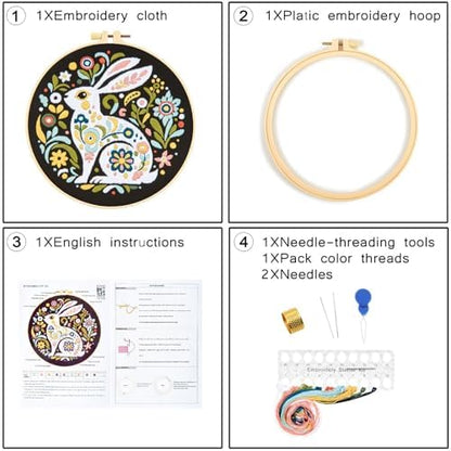 Crafmanoe Embroidery Kits for Beginners Adults, Flowers Rabbit Embroidery Starter Kits, Counted Cross Stitch Kits for Beginners Adults Hobbies Set for Women, Embroidery Hoops, Thread & Video Tutorial - Image 3