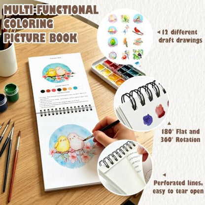 Watercolor Workbook, Water Coloring Book with 13 Pages, Bird Theme Painting Practice Book with Pre-Drawn Outline Pages, Nature Coloring Book for Adults, Beginners & Art Lovers - Image 4