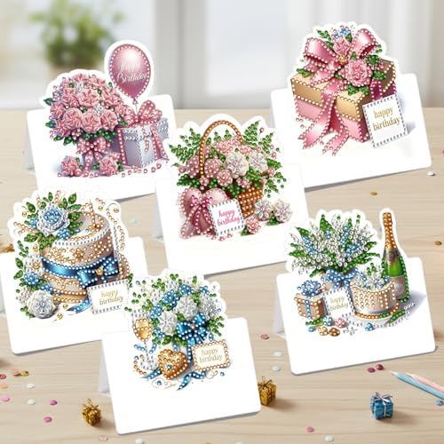 jinglinhh 6pcs Diamond Art Painting Birthday Flower Cake Greeting Cards with Envelopes, DIY Card Making Kits for Adults, Diamond Art Postcards Christmas Cards Craft Gifts - Image 7
