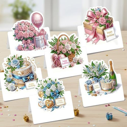jinglinhh 6pcs Diamond Art Painting Birthday Flower Cake Greeting Cards with Envelopes, DIY Card Making Kits for Adults, Diamond Art Postcards Christmas Cards Craft Gifts - Image 7