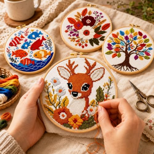 Zhenqing 4 Pack Nature Stamped Cross Stitch Kit for Adults and Beginners, 11CT Printed Fabric Deer Tree Fish Flower Patterns with Hoop, Threads, Needles, Scissors, Threader, Guide - Image 3