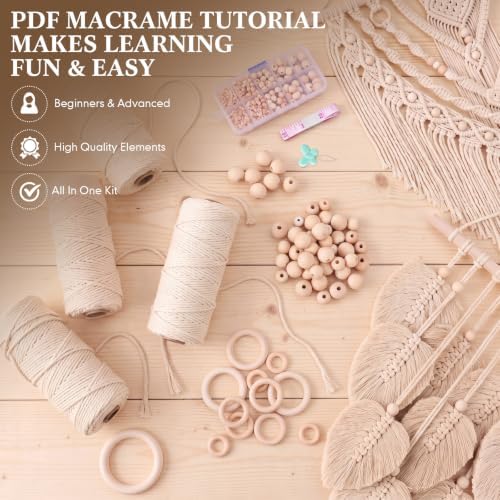 Rivvlive Macrame Kit for Adults Beginners 249 Pcs, 436yd 3mm Cotton Cord Wood Rings Dowels, Beads Needle Threader Gift Box & Digital Instruction Book for Bohemian Decor Craft Projects (Beige) - Image 7