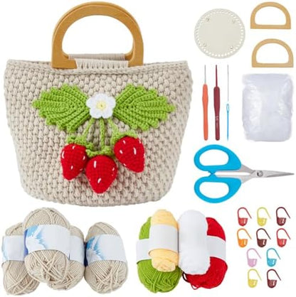 FREEBLOSS Crochet Bag Kit for Beginners Strawberry Crochet Bag Set Handbag Crocheting Kit with Step-by-Step Video Tutorials for Adult Beginners Crafts Projects by FreeandCreativeCraftsArt
