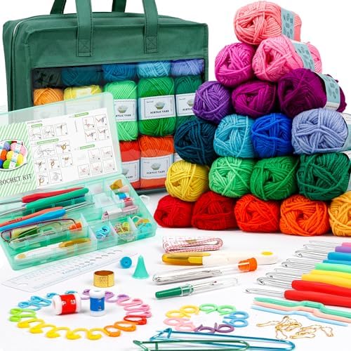 INSCRAFT Crochet Yarn Kit for Beginners Adults and Kids, Includes 1650 Yards 30 Colors Acrylic Skeins, User Manual, Hooks, Dark Grass Bag etc, Make Amigurumi & Projects, Starter Set for Professionals by INSCRAFT