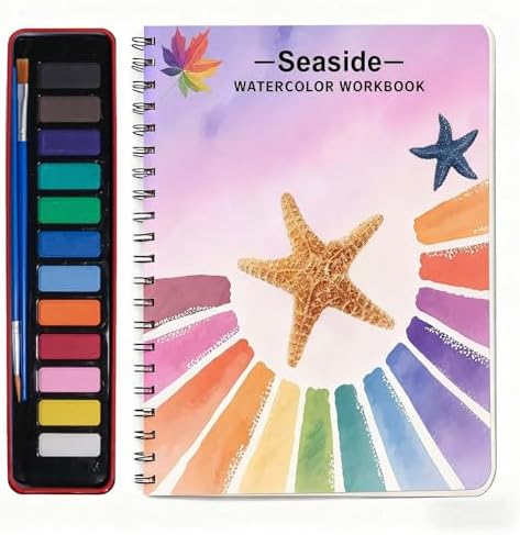 Watercolor Workbooks, Beginner Watercolor Painting Kit – 12 Colors Paint Set with Brush – Perfect for Gifting to Spark Creativity & Joy for Teens & Adults（Seaside） by Unknown