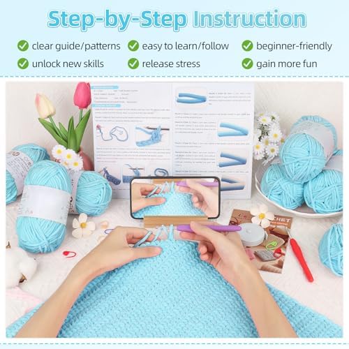 Aeelike Crochet Blanket Kit for Beginners, Easy Soft Crochet Kit, Blue - Image 4