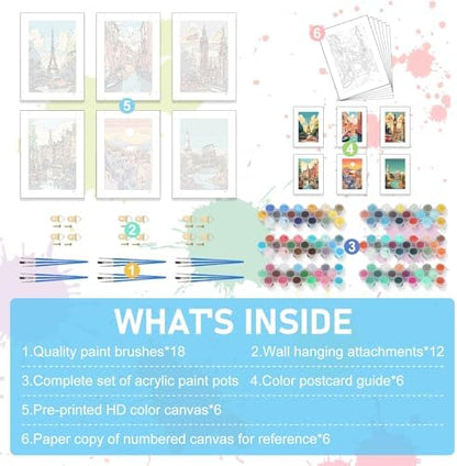 Offito 6 Pack Paint by Numbers Kit for Adults, Travel Cityscape, 8x12 Inch - Image 5