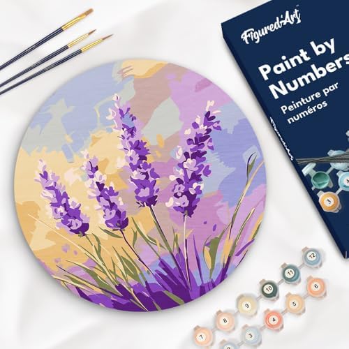 Figured'Art Paint by Numbers Kit for Adults on Wood Slice, 11.8in Diameter - Lavender - Craft Art Painting DIY Canvas by FiguredArt