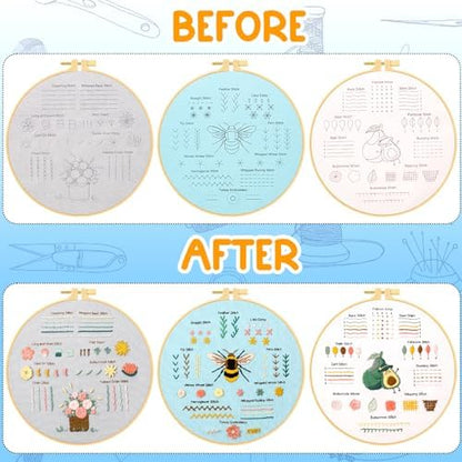Ponpon 3 Sets Embroidery Kit for Beginners, Embroidery Kit for Adults with Follow Instruction, Cross Stitch Kits with Wooden Embroidery Hoops (Stlye D) - Image 3