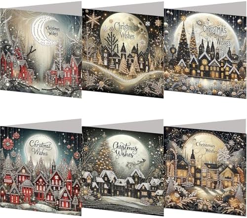 jinglinhh 6pcs Diamond Art Painting Christmas Village Snowy Moon Night Greeting Cards with Envelopes, DIY Card Making Kits for Adults, Diamond Art Postcards Christmas Cards Craft Gifts by Unknown