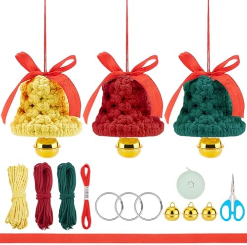 ACRNIGHEET 3PCS Macrame Kit for Adults Beginners, DIY Christmas Bells Ornaments, Yellow/Red/Green Bell Hangings for Xmas Tree, Include Instruction and Video by ACRNIGHEET