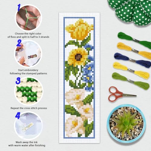 BEUNITONE 6 Pcs Flowers Cross Stitch Bookmark Kit for Adults Beginners Vivid Floral DIY Stamped Embroidery Bookmark Punch Needle Kit with Instructions for Book Lovers Reader Writer Gift 8''x2.4'' - Image 4