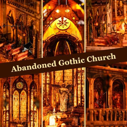 fifijoy Book Nook Kit - Abandoned Gothic Church DIY Miniature Dollhouse for Adults and Teens, Booknook Tiny House Bookshelf Decor 3D Wooden Puzzle with LED Lights, Creative Gifts for Family, Friends - Image 4