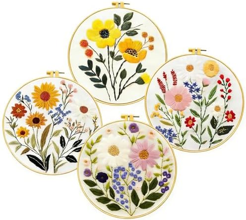 Zhenqing 4-Piece Floral Embroidery Kit for Beginners - Complete Set with Printed Cotton Fabric, Hoop, Threads & Tools (C0155) by ZhenqingHomeFlagship