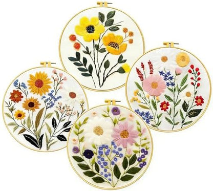 Zhenqing 4-Piece Floral Embroidery Kit for Beginners - Complete Set with Printed Cotton Fabric, Hoop, Threads & Tools (C0155) by ZhenqingHomeFlagship